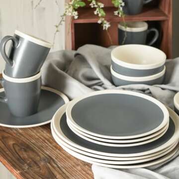 Stone Lain Serenity 32-Piece Stoneware Dinnerware, 2-Tone, Speckles, Dark Gray and Cream,