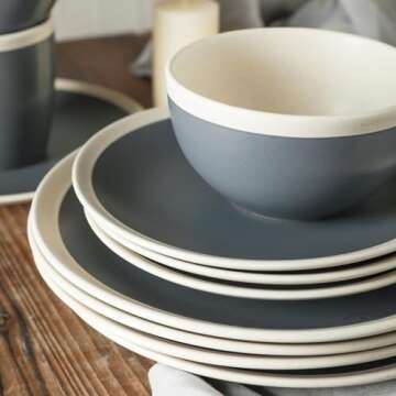 Stone Lain Serenity 32-Piece Stoneware Dinnerware, 2-Tone, Speckles, Dark Gray and Cream,
