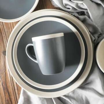 Stone Lain Serenity 32-Piece Stoneware Dinnerware, 2-Tone, Speckles, Dark Gray and Cream,