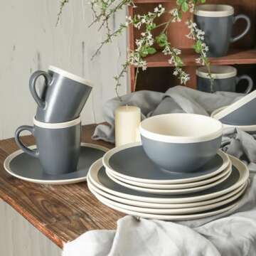 Stone Lain Serenity 32-Piece Stoneware Dinnerware, 2-Tone, Speckles, Dark Gray and Cream,