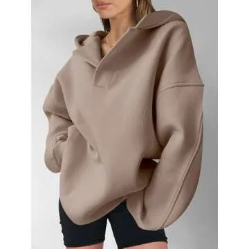 ANRABESS Womens Oversized Hoodies V Neck Sweatshirts Long Sleeve Pullover Casual Fall Teen Girls Preppy Clothes 2025 Trendy A1562 Coffee Grey L