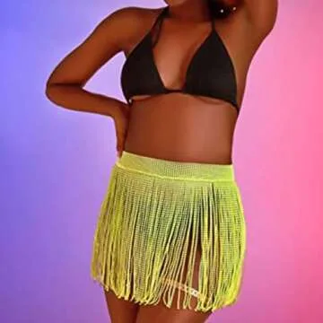 Zeelina Rhinestone Fringe Belt Skirt Black Sparkly Wrap Skirts Crystal Belly Dance Tassel Hip Scarf Rave Outfit for Women St Patrick's Day Accessories