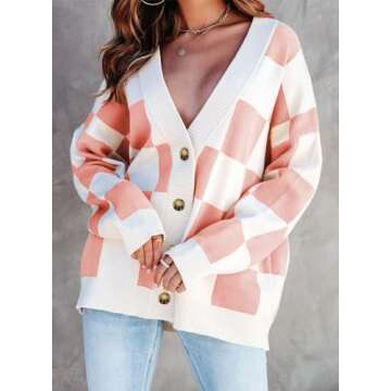 Dokotoo 2024 Women's V Neck Button Down Long Sleeve Plaid Cable Knit Cardigan Sweaters for Ladies Vi...