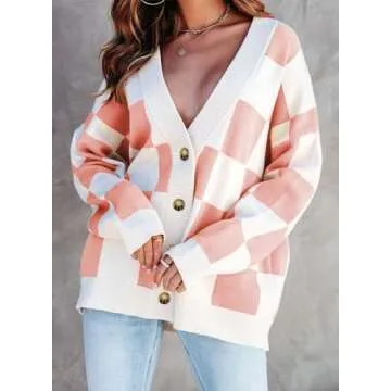 Dokotoo 2024 Women's V Neck Button Down Long Sleeve Plaid Cable Knit Cardigan Sweaters for Ladies Vi...