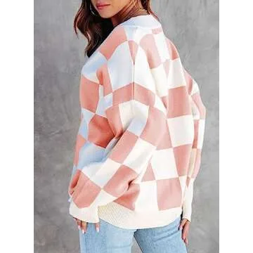 Dokotoo 2024 Women's V Neck Button Down Long Sleeve Plaid Cable Knit Cardigan Sweaters for Ladies Vintage Fall Checkered Cardigans Soft Lightweight Jacket Coats Large Pink