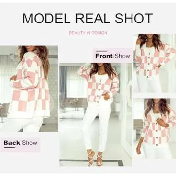 Dokotoo 2024 Women's V Neck Button Down Long Sleeve Plaid Cable Knit Cardigan Sweaters for Ladies Vintage Fall Checkered Cardigans Soft Lightweight Jacket Coats Large Pink