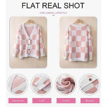 Dokotoo 2024 Women's V Neck Button Down Long Sleeve Plaid Cable Knit Cardigan Sweaters for Ladies Vintage Fall Checkered Cardigans Soft Lightweight Jacket Coats Large Pink