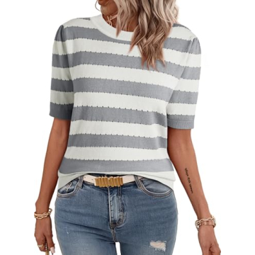 EVALESS Women's Spring Summer Crewneck Dressy Casual Striped Tops Blouses