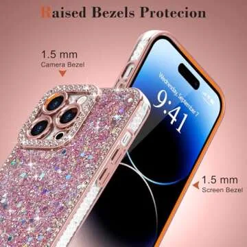 Lafunda for iPhone 14 Pro Max Case Glitter, Luxury Shiny Bling Sparkly Bumper Cover with Crystal Diamonds for Women Girls Soft Slim Shockproof Protective Phone Case for iPhone 14 Pro Max 6.7", Pink