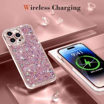 Lafunda for iPhone 14 Pro Max Case Glitter, Luxury Shiny Bling Sparkly Bumper Cover with Crystal Diamonds for Women Girls Soft Slim Shockproof Protective Phone Case for iPhone 14 Pro Max 6.7", Pink