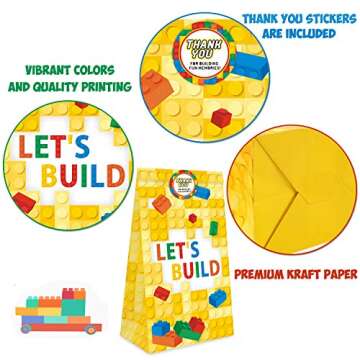 Kitticcino 24 Packs Building Blocks Goodie Candy Treat Bags, Color Bricks Theme Building Block Party Supplies, Kids Birthday Party Favor Bags, Including Thank You Stickers for Spring and for Summer Gift