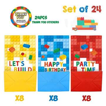 Kitticcino 24 Packs Building Blocks Goodie Candy Treat Bags, Color Bricks Theme Building Block Party Supplies, Kids Birthday Party Favor Bags, Including Thank You Stickers for Spring and for Summer Gift