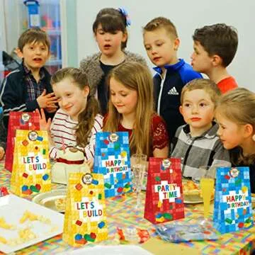 Kitticcino 24 Packs Building Blocks Goodie Candy Treat Bags, Color Bricks Theme Building Block Party Supplies, Kids Birthday Party Favor Bags, Including Thank You Stickers for Spring and for Summer Gift