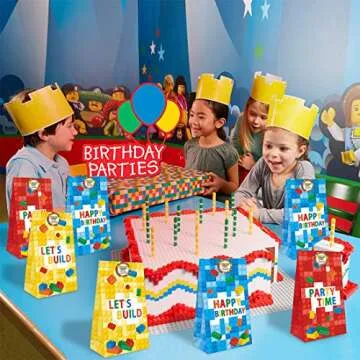 Kitticcino 24 Packs Building Blocks Goodie Candy Treat Bags, Color Bricks Theme Building Block Party Supplies, Kids Birthday Party Favor Bags, Including Thank You Stickers for Spring and for Summer Gift