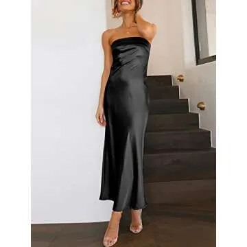 Caracilia Women's Summer Strapless Satin Tube Bodycon Backless Wedding Guest Maxi Dress 2025 Spring Formal Long Dresses Black Medium