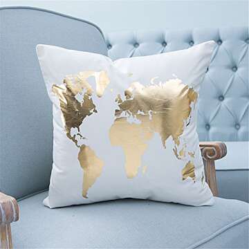 FASHIONDAVID 18 18 Inch Throw Pillow Case Home Bronzing Flannel Throw Pillow Cover Golden King Queen Crown Geometric Line Pattern Cushion Covers Sofa Home Decor (World Map)