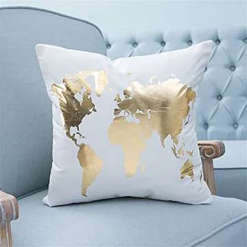 FASHIONDAVID 18 18 Inch Throw Pillow Case Home Bronzing Flannel Throw Pillow Cover Golden King Queen Crown Geometric Line Pattern Cushion Covers Sofa Home Decor (World Map)