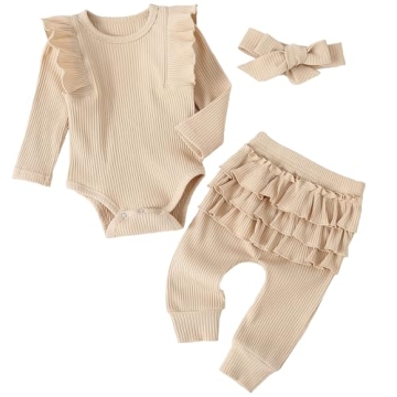 Fullfamous Baby Girl's 3pc Rib Frill Outfit Set for Comfort