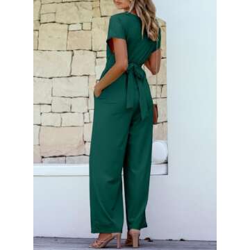 Happy Sailed Womens Dressy Jumpsuits Casual Short Sleeve Front Criss Cross Top Tie Waist Belt Wide L...