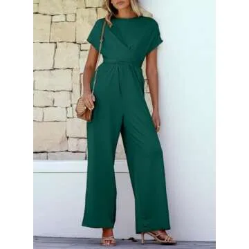 Happy Sailed Womens Dressy Jumpsuits Casual Short Sleeve Front Criss Cross Top Tie Waist Belt Wide Leg Pant Jumpers Romper One Piece Jumpsuit Outfits Blackish Green Large