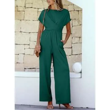 Happy Sailed Womens Dressy Jumpsuits Casual Short Sleeve Front Criss Cross Top Tie Waist Belt Wide Leg Pant Jumpers Romper One Piece Jumpsuit Outfits Blackish Green Large