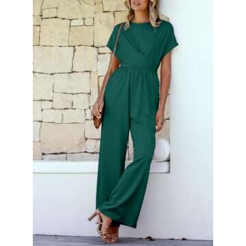 Happy Sailed Womens Dressy Jumpsuits Casual Short Sleeve Front Criss Cross Top Tie Waist Belt Wide Leg Pant Jumpers Romper One Piece Jumpsuit Outfits Blackish Green Large