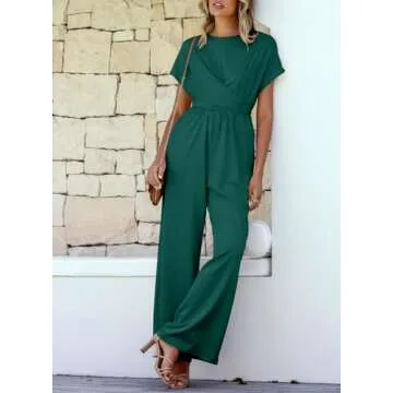 Happy Sailed Womens Dressy Jumpsuits Casual Short Sleeve Front Criss Cross Top Tie Waist Belt Wide Leg Pant Jumpers Romper One Piece Jumpsuit Outfits Blackish Green Large