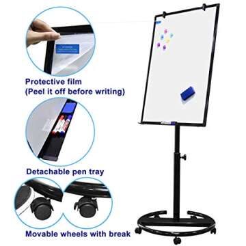 White Board Magnetic Mobile Dry Erase Board Easel 36 x 24 inch Wheels Movable Stand Whiteboard with ...