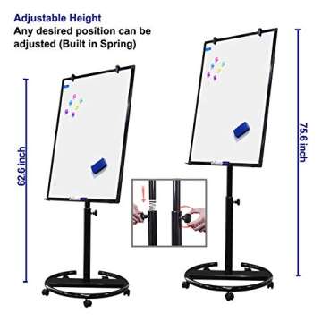 White Board Magnetic Mobile Dry Erase Board Easel 36 x 24 inch Wheels Movable Stand Whiteboard with Flipchart Hook Height Adjustable, Black
