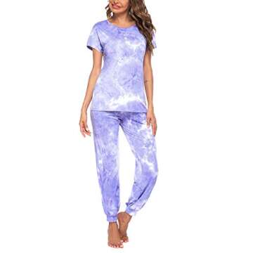 HOTOUCH Womens Two Piece Lounge Short Sleeve Shirt with Long Pants Sleepwear Pajamas with Pockets Purple, XX-Large