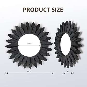 Honiway Black Wall Decor Wall Mirror 12 inch Boho Wall Decor Wood Decorative Mirror for Room Decor Home Decor for Bedroom Living Room Bathroom Kitchen Black