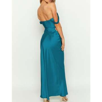 Realtix Elegant Satin Off The Shoulder Ruched Backless Maxi Dress for Women Strapless Tube Sleeveles...