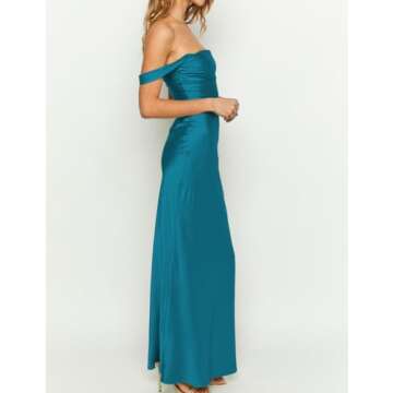 Realtix Elegant Satin Off The Shoulder Ruched Backless Maxi Dress for Women Strapless Tube Sleeveless Fitted Bridesmaid Dress Teal