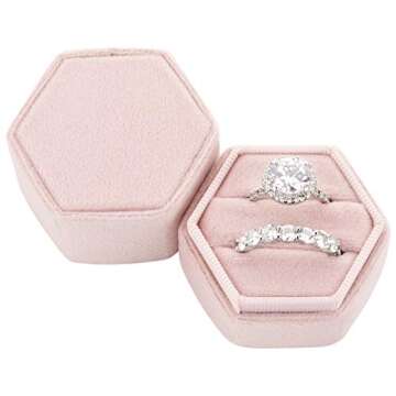 Koyal Wholesale Hexagon Velvet Wedding Ring Box, 2 Slot Velvet Ring Box Holder, Wedding Ring Boxes for Ceremony, Proposal, Engagement, Ring Bearer, Blush Pink
