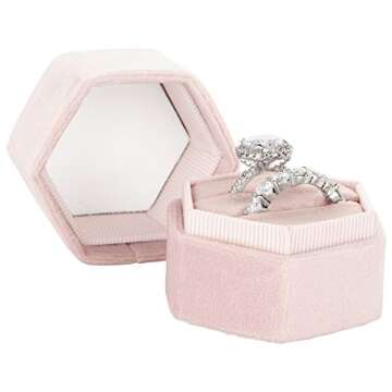 Koyal Wholesale Hexagon Velvet Wedding Ring Box, 2 Slot Velvet Ring Box Holder, Wedding Ring Boxes for Ceremony, Proposal, Engagement, Ring Bearer, Blush Pink