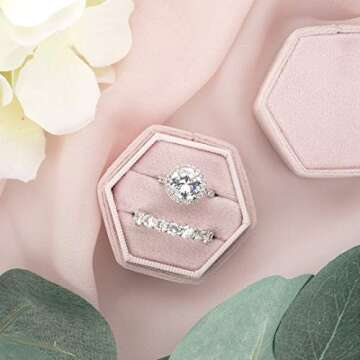 Koyal Wholesale Hexagon Velvet Wedding Ring Box, 2 Slot Velvet Ring Box Holder, Wedding Ring Boxes for Ceremony, Proposal, Engagement, Ring Bearer, Blush Pink