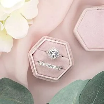 Koyal Wholesale Hexagon Velvet Wedding Ring Box, 2 Slot Velvet Ring Box Holder, Wedding Ring Boxes for Ceremony, Proposal, Engagement, Ring Bearer, Blush Pink