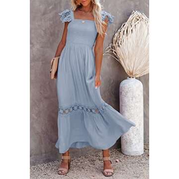 Ferlema Women's Summer White Maxi Dresses Summer Casual Square Neck Sleeveless Ruffle Beach Long Dress Light Blue Small