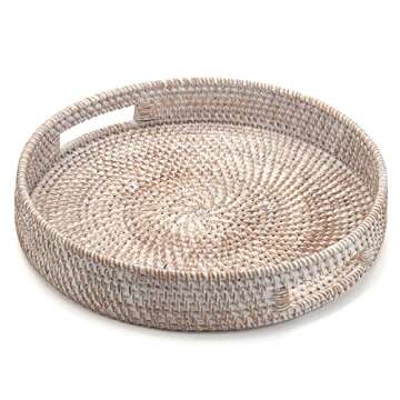 Coffee Table Tray Round Rattan Ottoman Tray Woven Serving Trays with Handles for Home and Kitchen De...