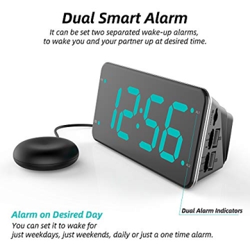 Easy Setting Dual Alarm Clock with Bed Shaker & USB Charger
