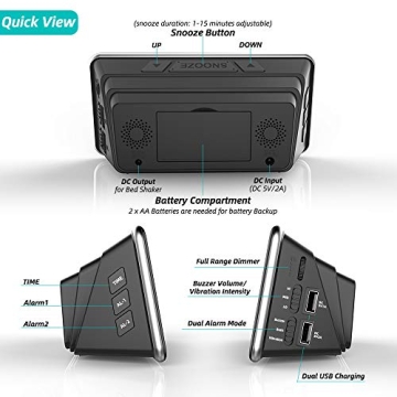 Easy Setting Dual Alarm Clock with Bed Shaker & USB Charger