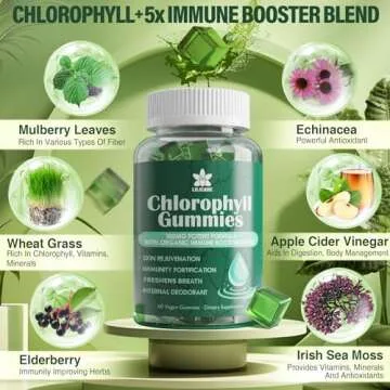 Sugar Free Chlorophyll Gummies - with Unfiltered ACV, Sea Moss & Elderberry, Echinacea, Vitamin D3, C, E, B12 - Natural Deodorant, Breathe Fresh, Immune & Digestion Support, Vegan Delicious Chews 60Ct