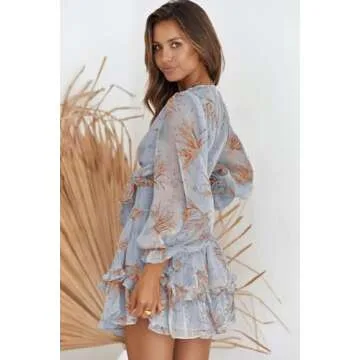 AlvaQ Womens Sexy Deep V Neck Tie Front Floral Print Long Sleeve Ruffles Mini Dress Swing Short Dresses Sundress Sky Blue Small