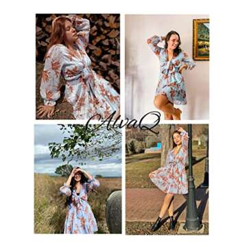 AlvaQ Womens Sexy Deep V Neck Tie Front Floral Print Long Sleeve Ruffles Mini Dress Swing Short Dresses Sundress Sky Blue Small