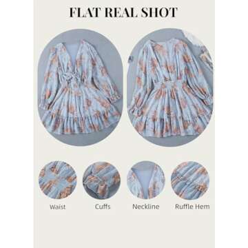 AlvaQ Womens Sexy Deep V Neck Tie Front Floral Print Long Sleeve Ruffles Mini Dress Swing Short Dresses Sundress Sky Blue Small