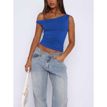 ForeFair Womens Off Shoulder Tops Sleeveless Going Out Crop Tank Tops Slim Fitted Shirts Summer Outfits Y2K Cute Tops(XS,Royal Blue)