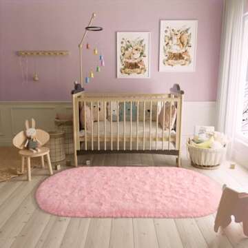 LOCHAS Fluffy Pink Bedroom Rug 2.6' x 5.3', Shaggy Area Rug for Bedroom Bedside, Soft Oval Throw Rugs Carpet for Living Room Kids Girls Home Decor