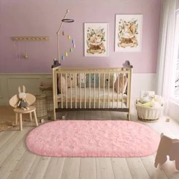 LOCHAS Fluffy Pink Bedroom Rug 2.6' x 5.3', Shaggy Area Rug for Bedroom Bedside, Soft Oval Throw Rugs Carpet for Living Room Kids Girls Home Decor