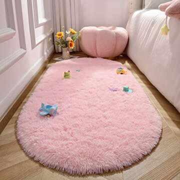 LOCHAS Fluffy Pink Bedroom Rug 2.6' x 5.3', Shaggy Area Rug for Bedroom Bedside, Soft Oval Throw Rugs Carpet for Living Room Kids Girls Home Decor