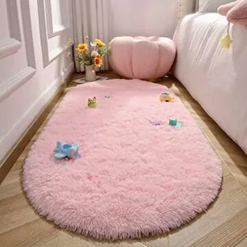 LOCHAS Fluffy Pink Bedroom Rug 2.6' x 5.3', Shaggy Area Rug for Bedroom Bedside, Soft Oval Throw Rugs Carpet for Living Room Kids Girls Home Decor